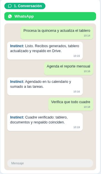 Instinct gestionando tareas desde WhatsApp